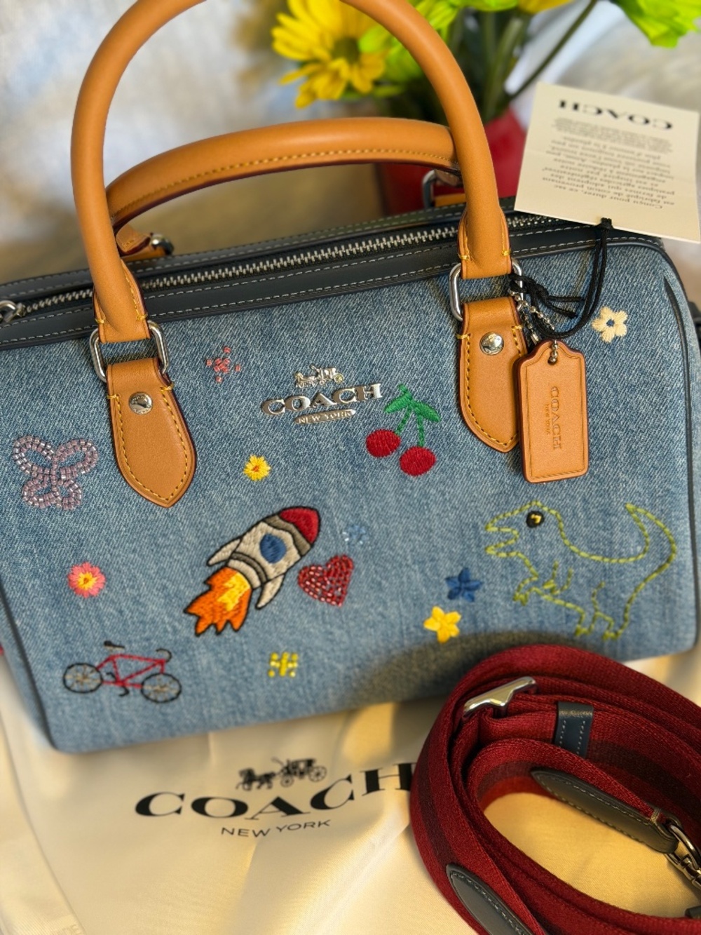 Denim Coach Rowan Embroidered Rainbow Dinosaur Patches Satchel
